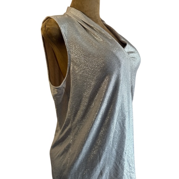 Calvin Klein Metallic V Neck Sleeveless Top, Shiny Silver, Sz XL - Picture 3 of 7